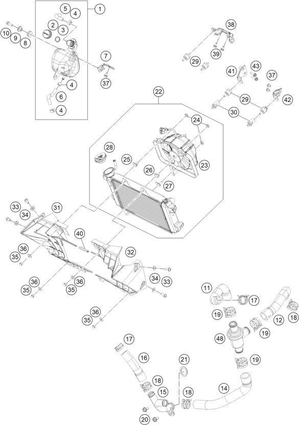 Sprängskiss: Cooling System – KTM 125 Duke, orange - B.D. 2018