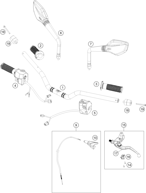 Sprängskiss: Handlebar, Controls – KTM 390 Duke, orange 2018