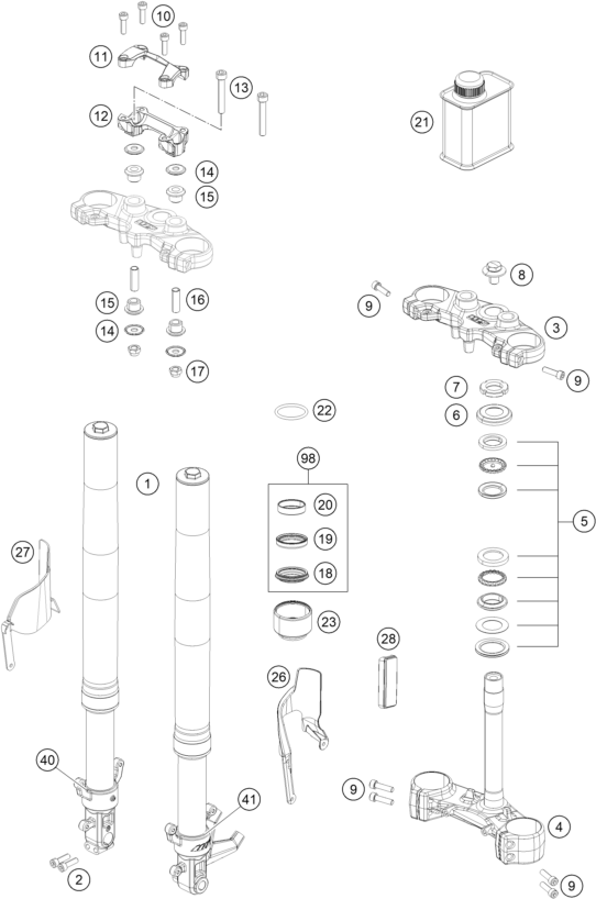 Sprängskiss: Front Fork, Triple Clamp – KTM 200 Duke, black, ABS - CKD 2020