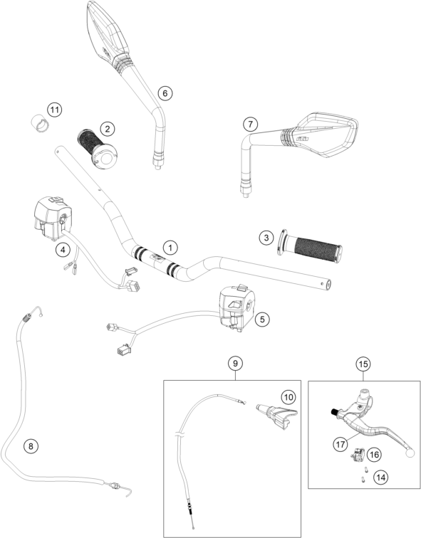 Sprängskiss: Handlebar, Controls – KTM 250 Duke, white 2019