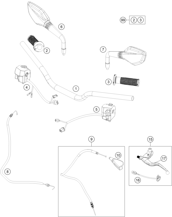 Sprängskiss: Handlebar, Controls – KTM 200 Duke, orange-CKD 2019