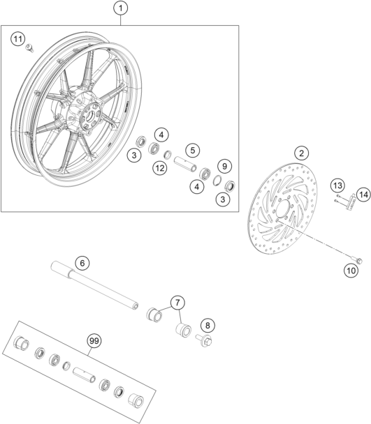 Sprängskiss: Front Wheel – KTM 200 Duke, white w/o ABS 2018