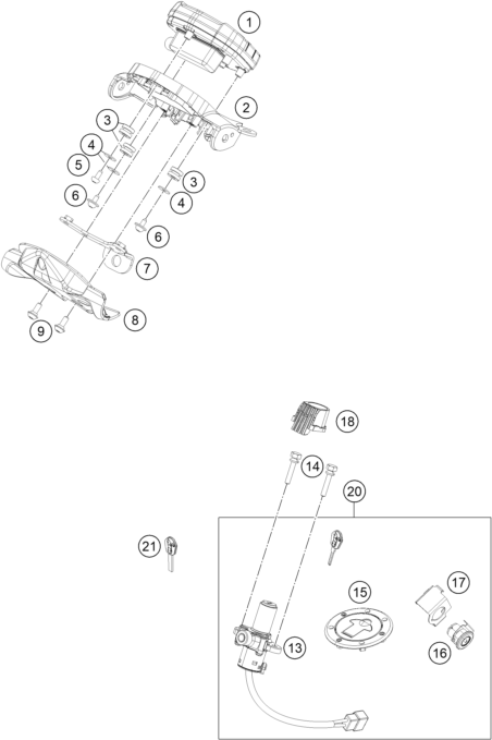 Sprängskiss: Instruments / Lock System – KTM 250 Duke, white 2019