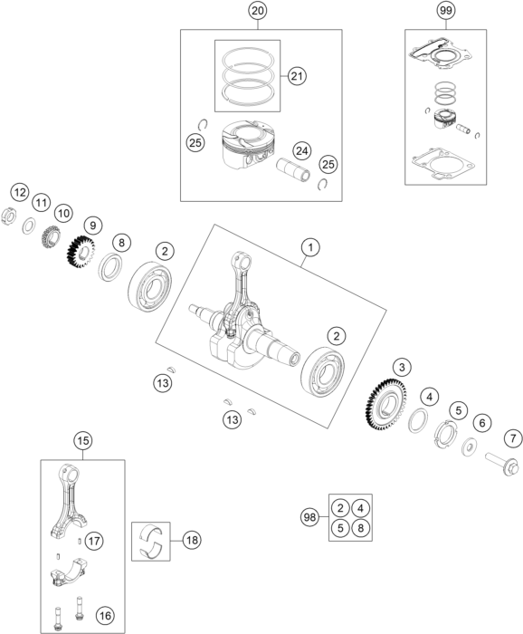 Sprängskiss: Crankshaft, Piston – KTM 200 DUKE, blue, ABS-CKD 2026
