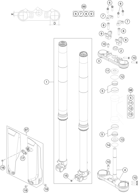 Sprängskiss: Front Fork, Triple Clamp – KTM 85 SX 17/14 2018