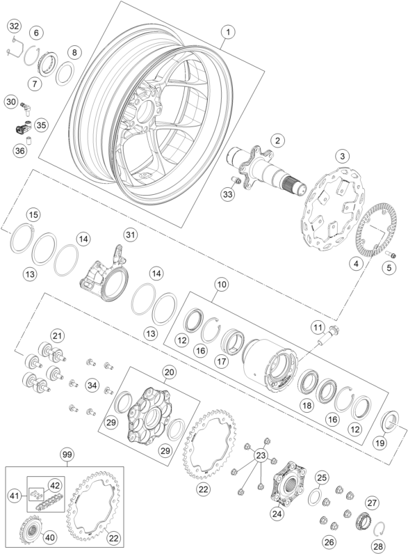 Sprängskiss: Rear Wheel – KTM 1290 Super Duke GT, orange 2018