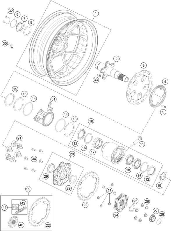 Sprängskiss: Rear Wheel – KTM 1290 Super Duke GT, orange 2018