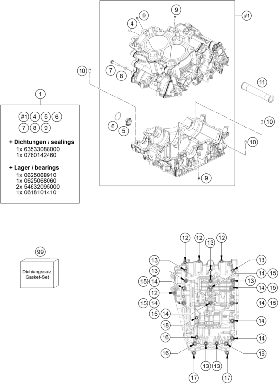Sprängskiss: Engine Case – KTM 790 Duke black 2018