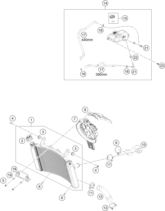 Sprängskiss: Cooling System – KTM 790 Duke, orange 2020