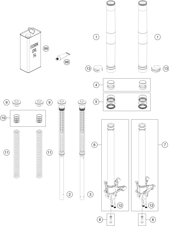 Sprängskiss: Front Fork Disassembled – KTM 790 Duke, orange 2020