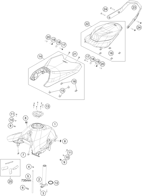 Sprängskiss: Tank, Seat – KTM 790 Duke, orange 2020