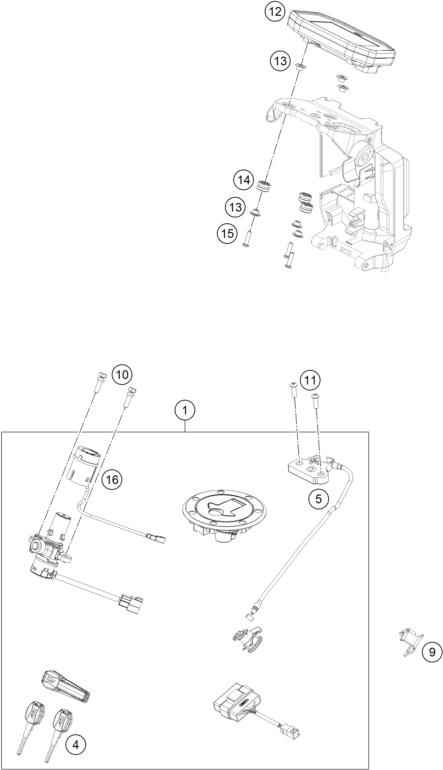 Sprängskiss: Instruments / Lock System – KTM 890 DUKE R 2023