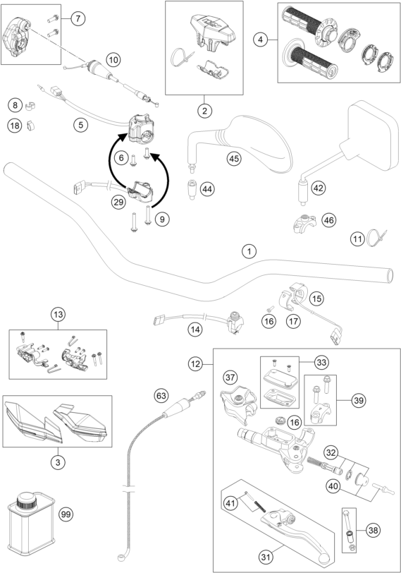 Sprängskiss: Handlebar, Controls – KTM 250 EXC 2018