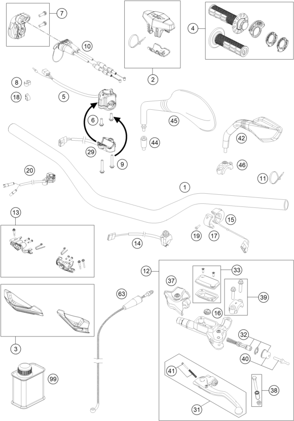 Sprängskiss: Handlebar, Controls – KTM 250 EXC Six Days TPI 2019