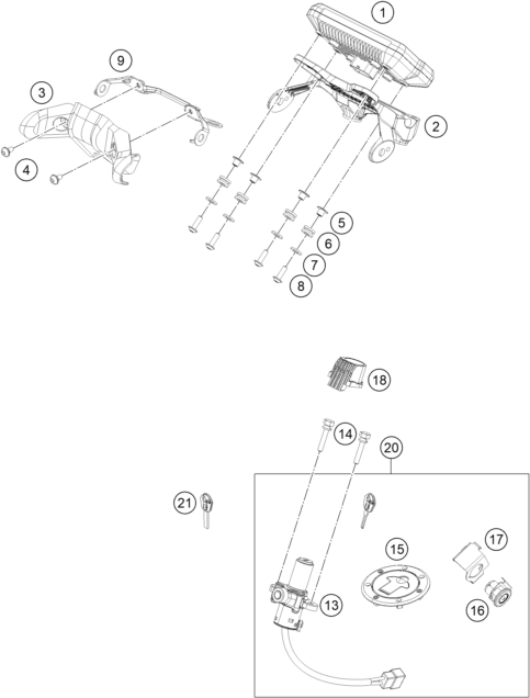 Sprängskiss: Instruments / Lock System – KTM 390 Duke, orange, - CKD 2019