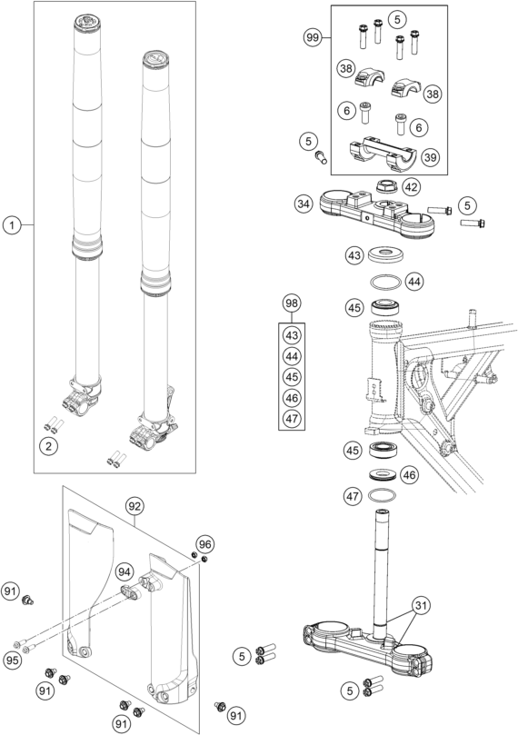 Sprängskiss: Front Fork, Triple Clamp – KTM 65 SX 2019