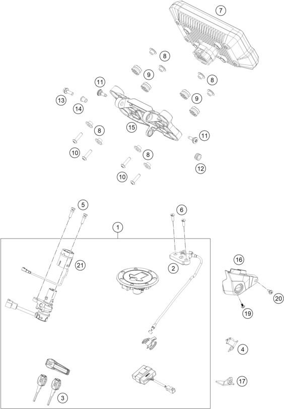 Sprängskiss: Instruments / Lock System – KTM 790 Adventure, white 2019