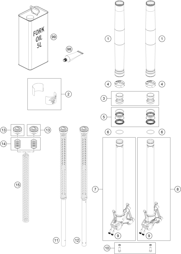 Sprängskiss: Front Fork Disassembled – KTM 790 Adventure, white 2019