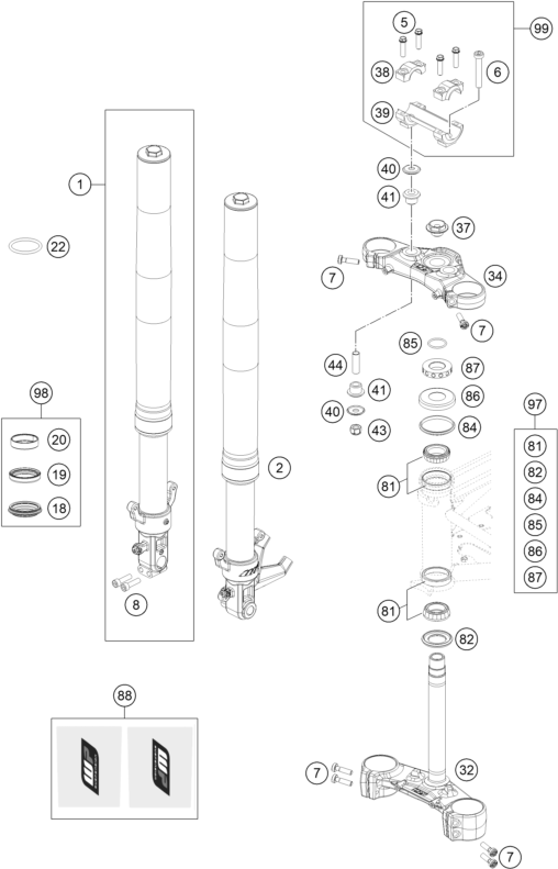 Sprängskiss: Front Fork, Triple Clamp – KTM 690 Duke, orange 2019