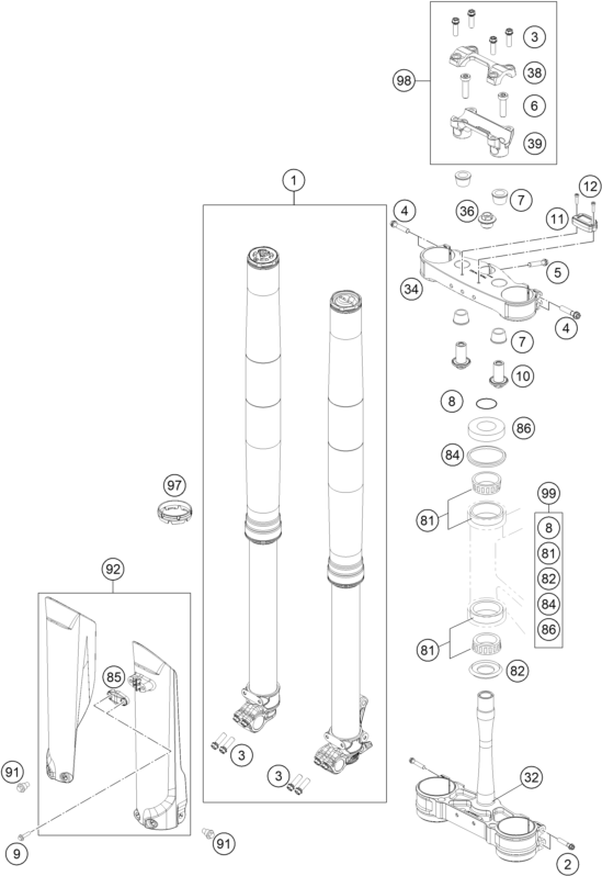 Sprängskiss: Front Fork, Triple Clamp – KTM 300 XC 2019