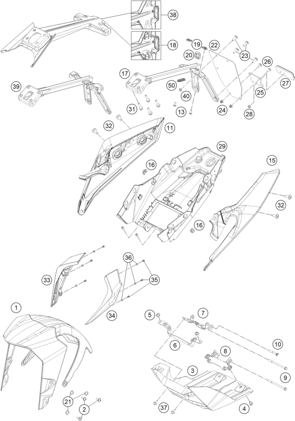 Sprängskiss: Mask, Fenders – KTM 125 Duke, white, - B.D. 2019