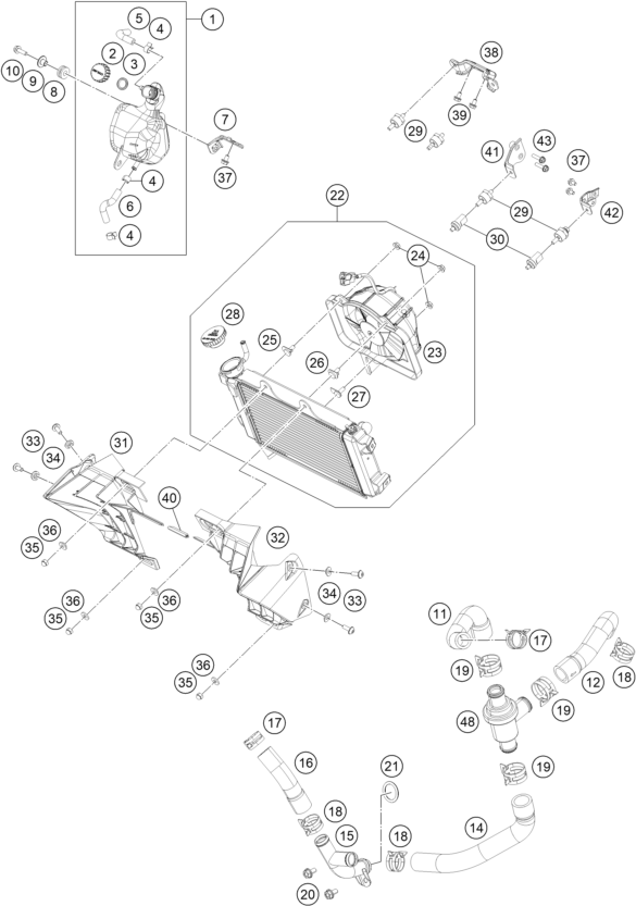 Sprängskiss: Cooling System – KTM 125 Duke, white, - B.D. 2019