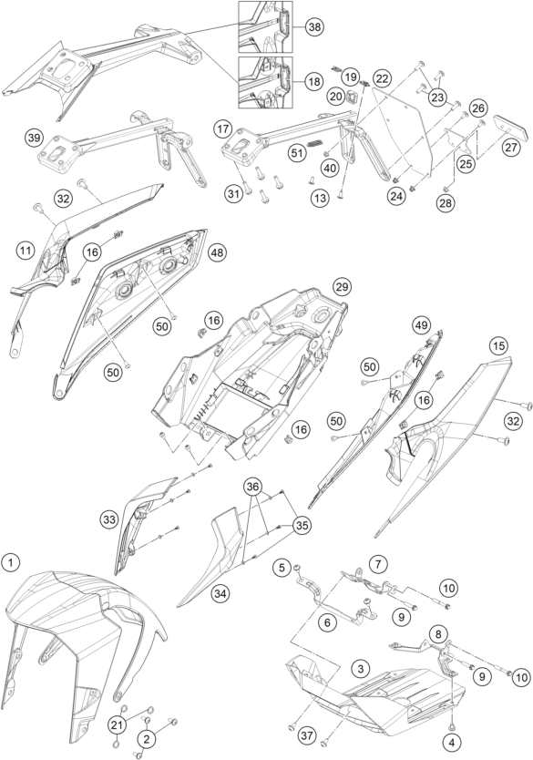 Sprängskiss: Mask, Fenders – KTM 390 DUKE, silver - B.D. 2021
