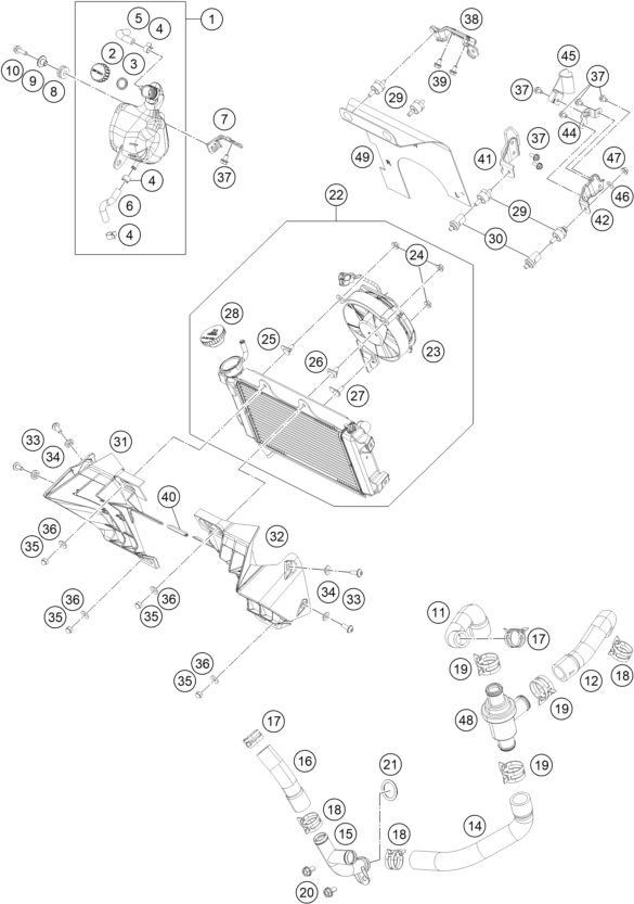Sprängskiss: Cooling System – KTM 390 Duke, orange, - CKD 2019