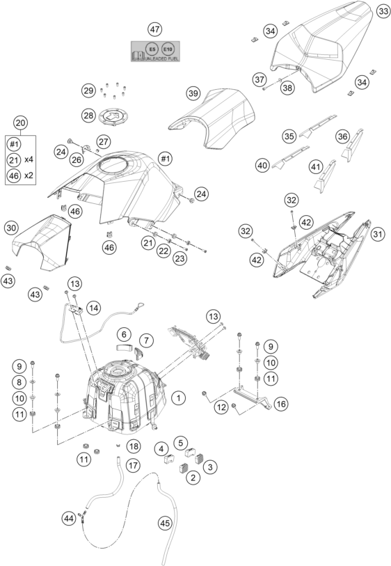 Sprängskiss: Tank, Seat – KTM RC 200, white, w/o ABS 2019
