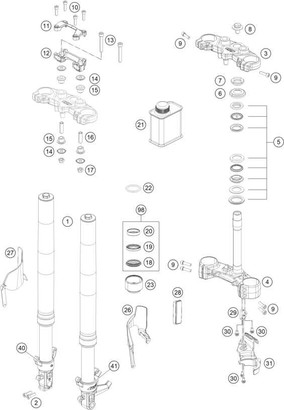 Sprängskiss: Front Fork, Triple Clamp – KTM 200 Duke, orange-CKD 2019