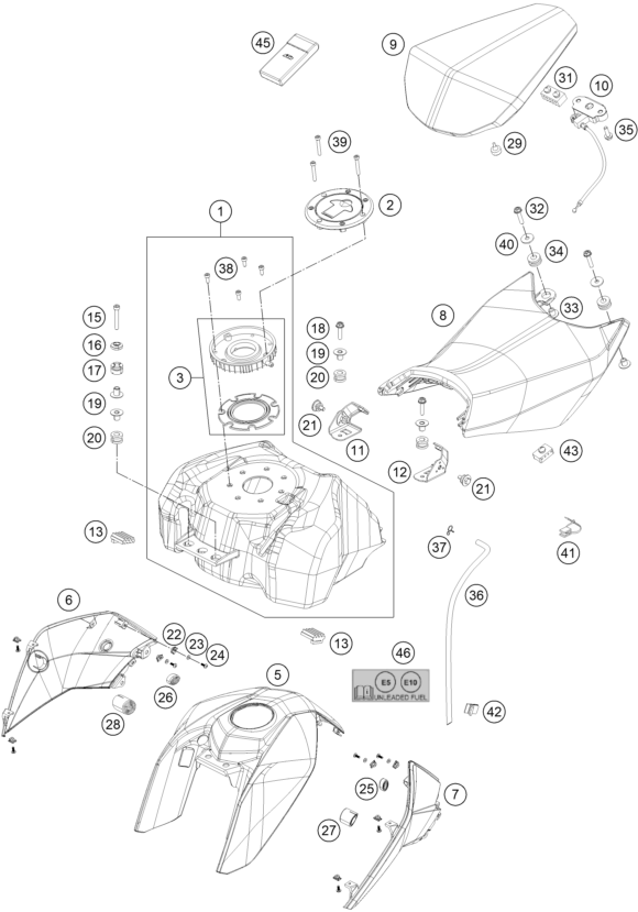 Sprängskiss: Tank, Seat – KTM 200 Duke, white, w/o ABS-B.D. ASEAN 2019