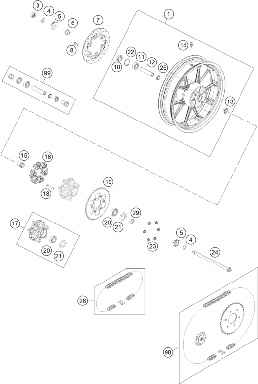 Sprängskiss: Rear Wheel – KTM 200 Duke, orange-CKD 2019