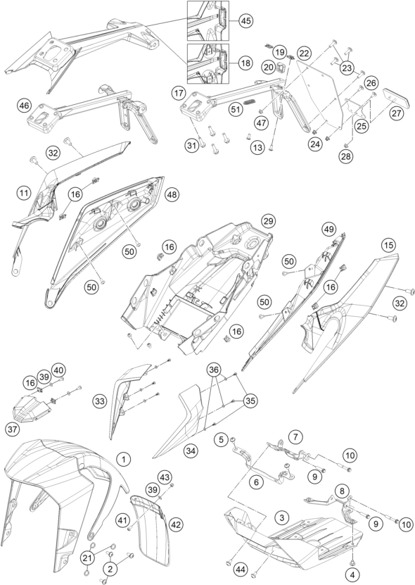 Sprängskiss: Mask, Fenders – KTM 250 DUKE, silver - B.D. LS 2022