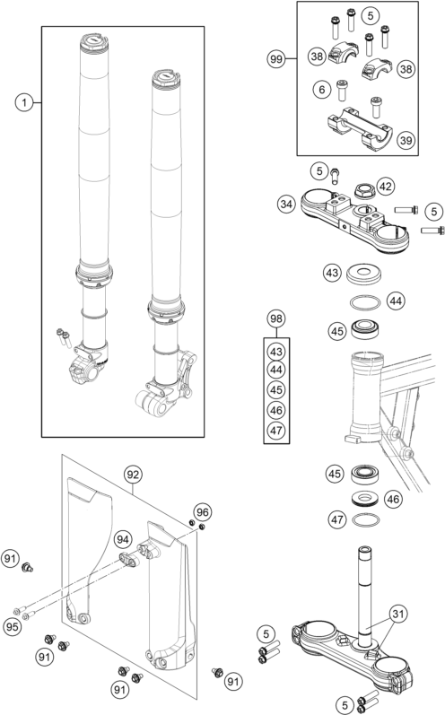 Sprängskiss: Front Fork, Triple Clamp – KTM 50 SX Mini 2020