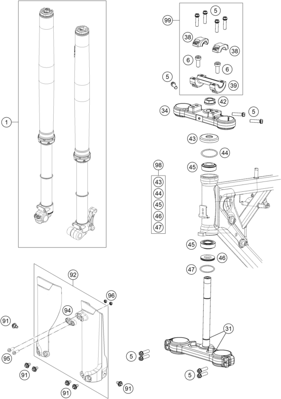 Sprängskiss: Front Fork, Triple Clamp – KTM 65 SX 2020