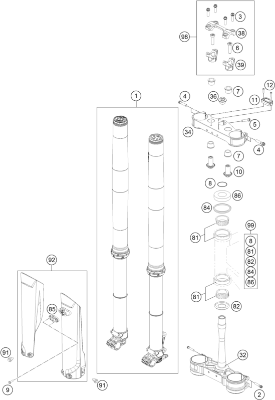 Sprängskiss: Front Fork, Triple Clamp – KTM 150 SX 2022