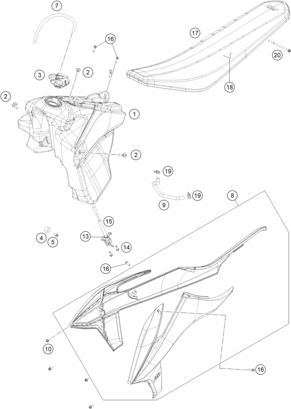 Sprängskiss: Tank, Seat – KTM 300 EXC CKD 2023