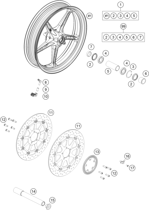 Sprängskiss: Front Wheel – KTM KTMR2R 1290 SUPER DUKE R, orange 2021