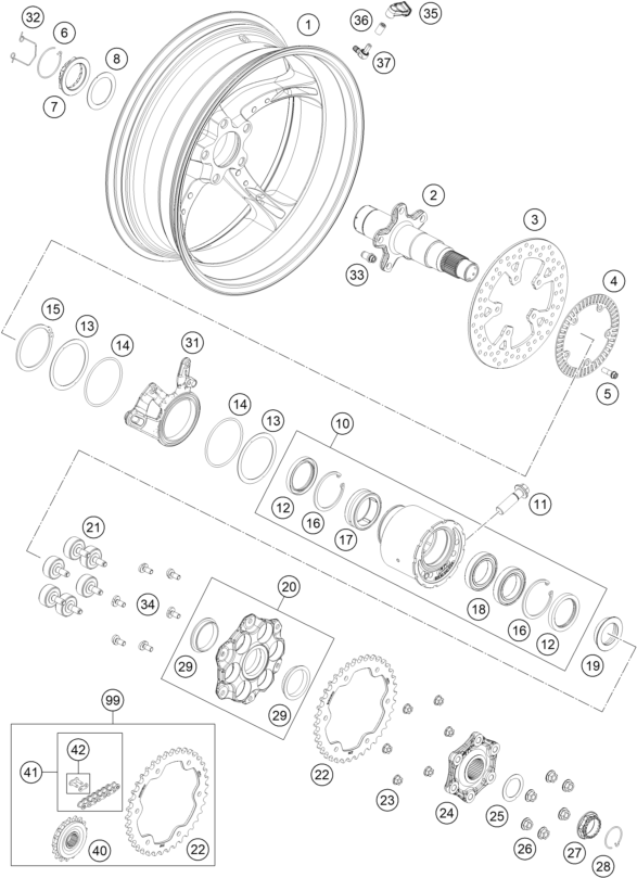 Sprängskiss: Rear Wheel – KTM KTMR2R 1290 SUPER DUKE GT, orange 2022