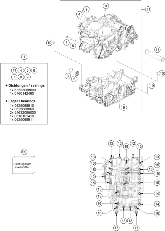 Sprängskiss: Engine Case – KTM 790 Duke, orange 2020