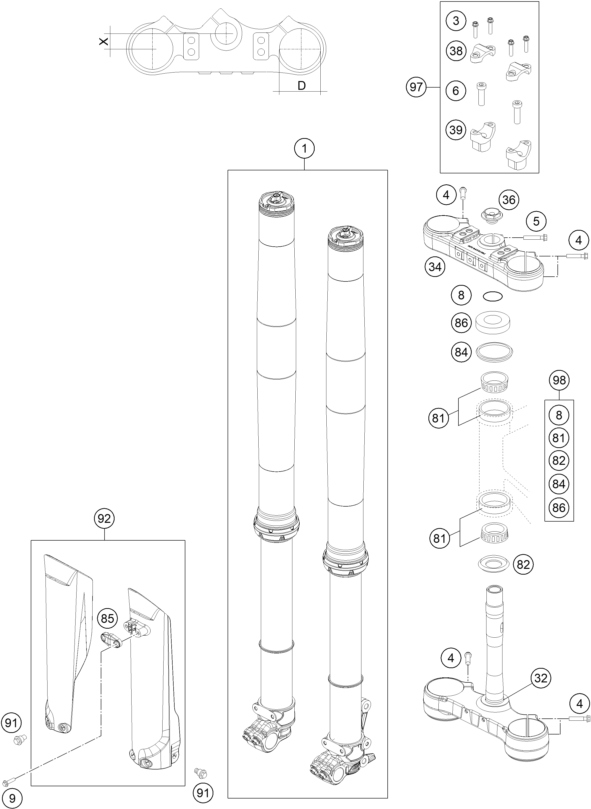 Sprängskiss: Front Fork, Triple Clamp – KTM 350 XCF-W 2020