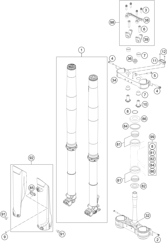 Sprängskiss: Front Fork, Triple Clamp – KTM 250 SX-F 2022