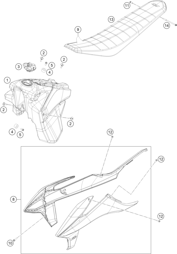 Sprängskiss: Tank, Seat – KTM 350 XCF-W 2020