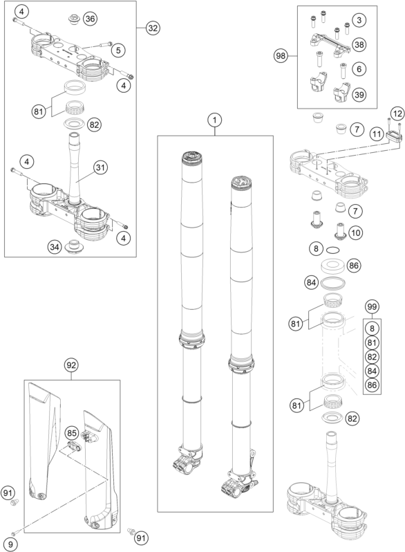 Sprängskiss: Front Fork, Triple Clamp – KTM 450 SX-F CAIROLI 2020
