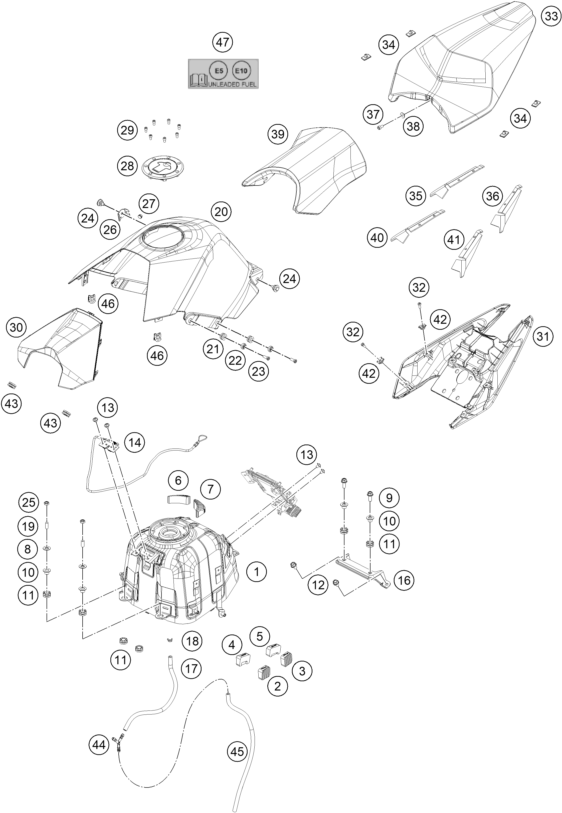 Sprängskiss: Tank, Seat – KTM RC 200, black, w/o ABS - CKD 2021