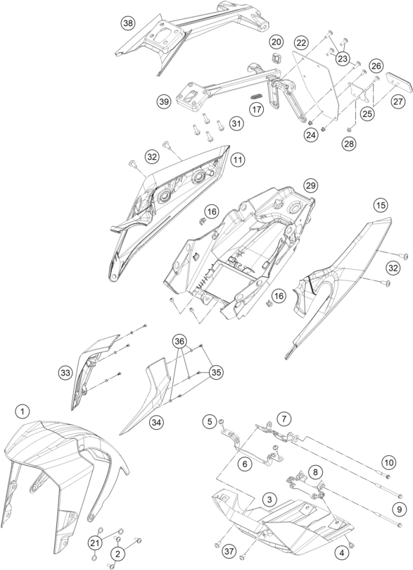 Sprängskiss: Mask, Fenders – KTM 125 Duke, white 2020