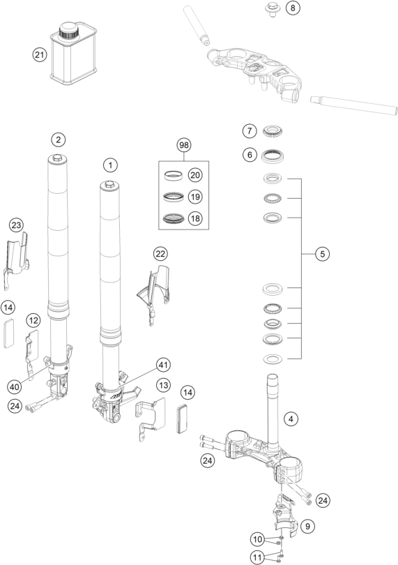 Sprängskiss: Front Fork, Triple Clamp – KTM RC 390, white - B.D. 2020