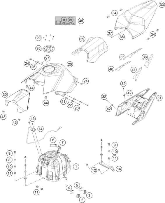 Sprängskiss: Tank, Seat – KTM RC 390, white - B.D. 2020