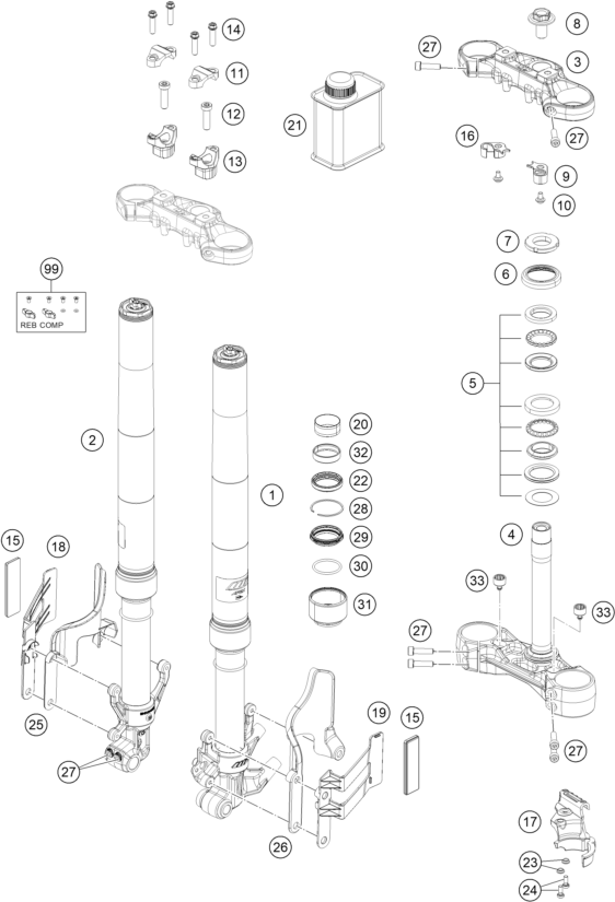 Sprängskiss: Front Fork, Triple Clamp – KTM 390 ADVENTURE, white - CKD