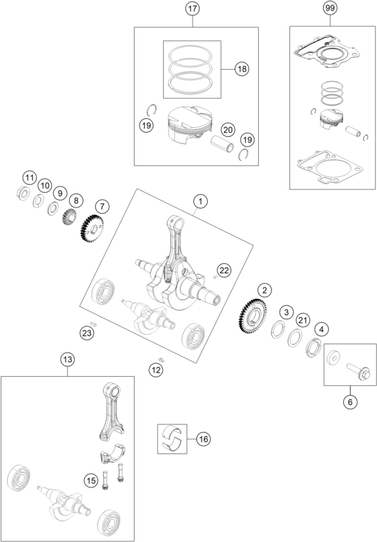 Sprängskiss: Crankshaft, Piston – KTM 390 Duke, white 2020